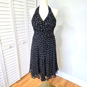 Jones New York Black Silk Polka Dot Halter Dress Size 14 Retro Pinup Cocktail